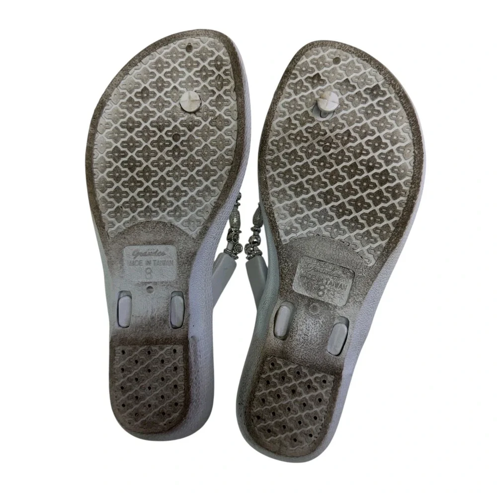 Grandco Womens‎ White Silver Jeweled Wedge Flip Flop Sandals Size 8 Boho Glam